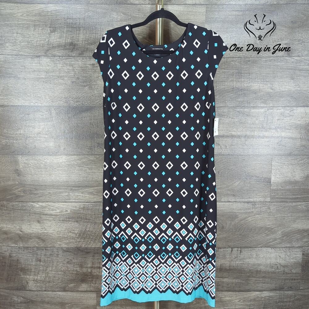 Liz Claiborne Sleeveless Geometric Mini Dress Black Turquoise NWT Size L